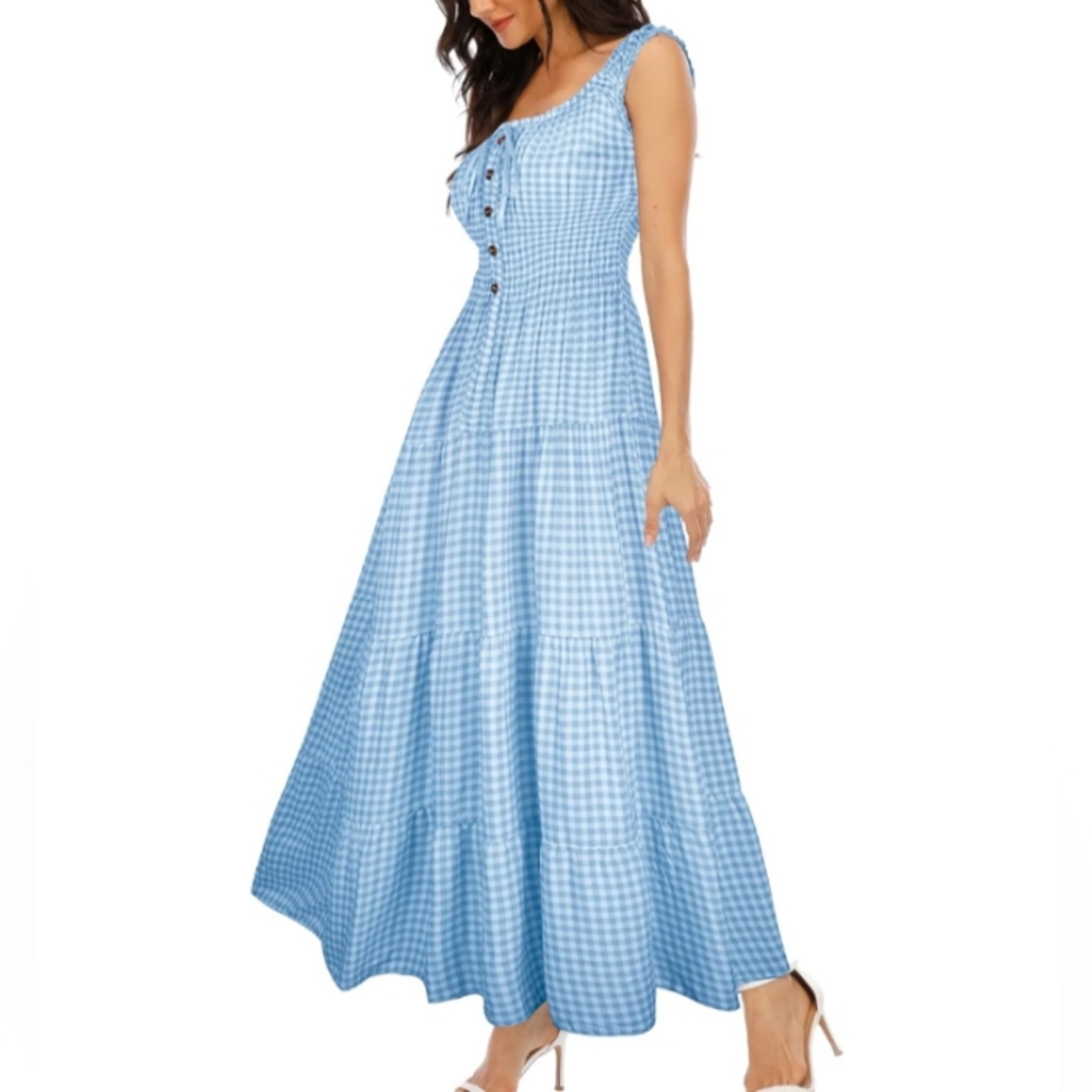 Retro Sky Blue Gingham Picnic Dress Tiered Maxi Long Prairie Sundress 50s 60s